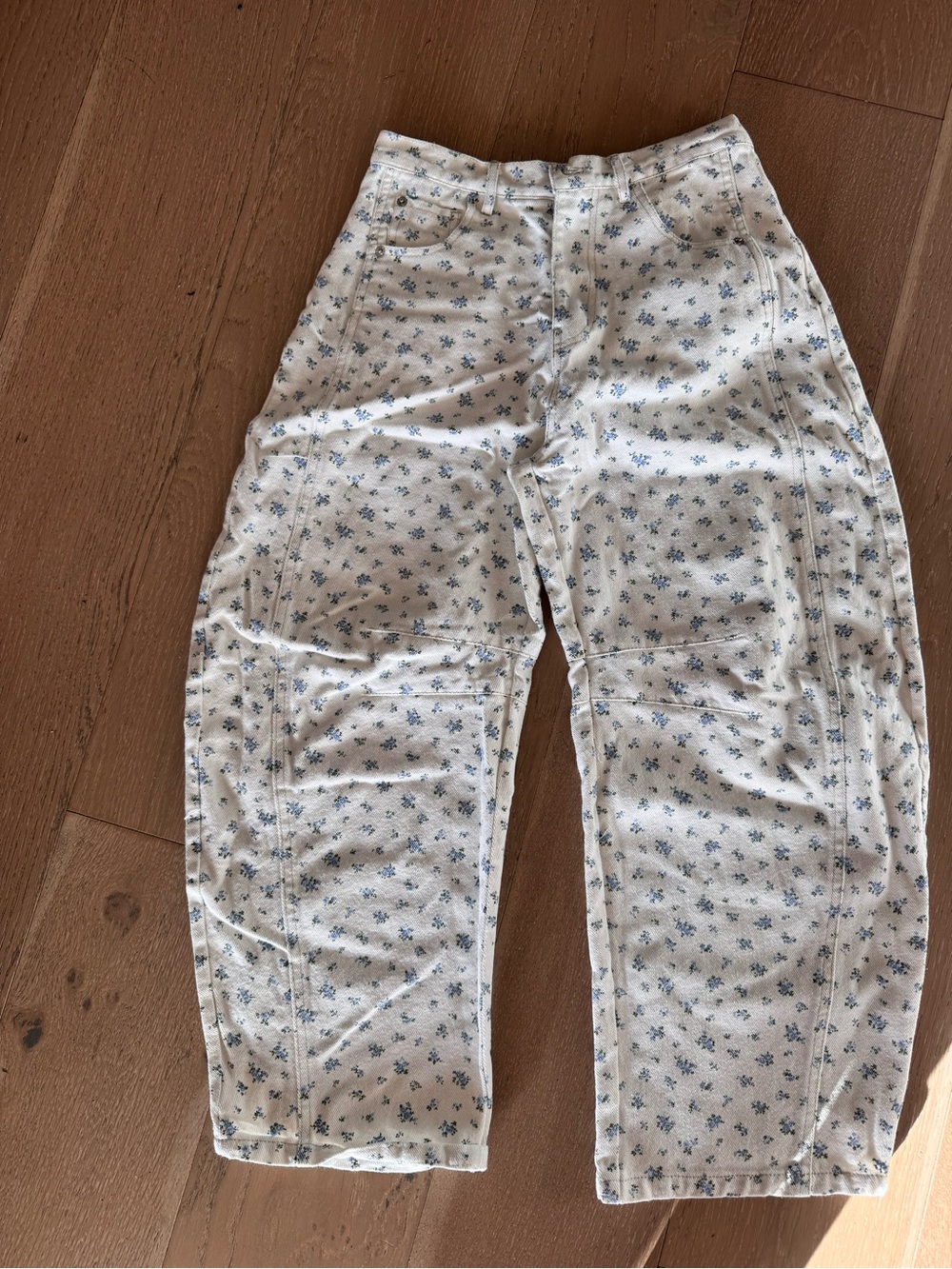 White Floral Print Barrel Jeans